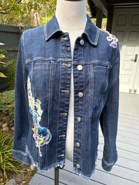 Chico's  Blue Denim Jacket with Handpainted Floral Detail